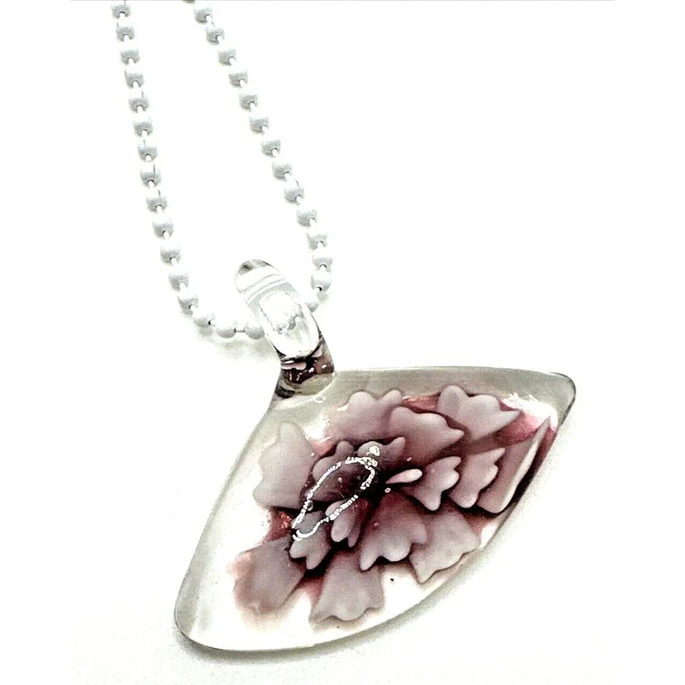 Artisan Lampwork Glass Floral Pendant Necklace Pink Purple Hand Blown 18” Chain